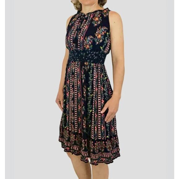 BILA Boho Midi Dress Womens Large Navy Floral Smocked Tasseled Peasant Folk - Picture 1 of 11